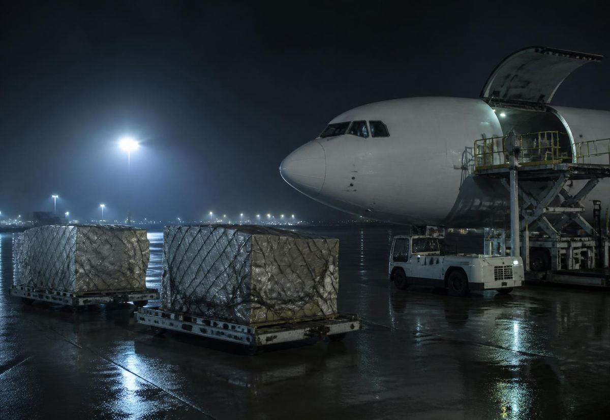 Air cargo pallets on dollies beside a freighter aircraft nose loading at night