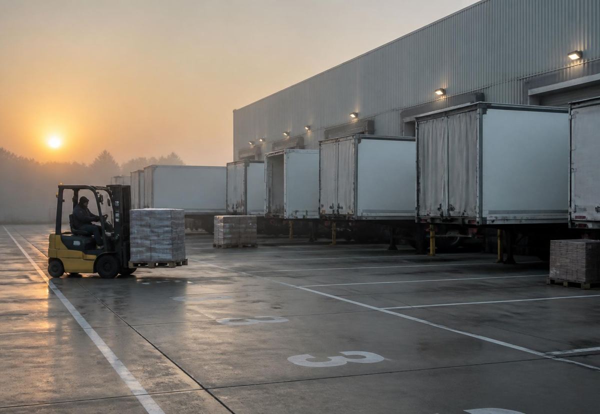 Trailers reversed into loading bays at a cross-dock at sunrise while a forklift moves a wrapped pallet