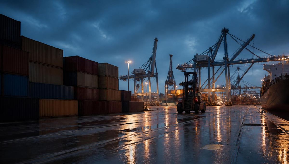 Container terminal at dusk with stacked containers, quay cranes and a reach stacker on wet concrete