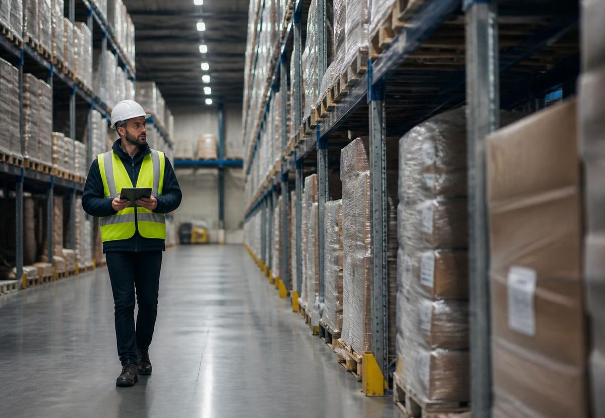 Racking aisle in a distribution warehouse with palletised stock and an operative checking a tablet